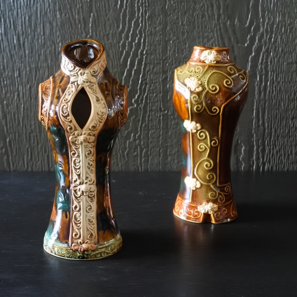 Vintage Art Pottery Handmade Glazed Chinese Bust Vase Set